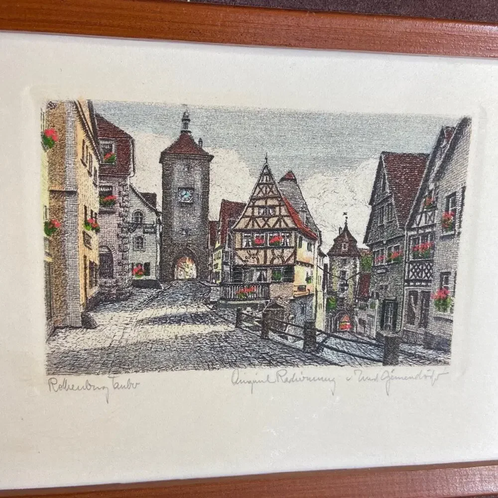 Original Signed GEISSENDORFER Rothenburg Tower Framed Colored Etching